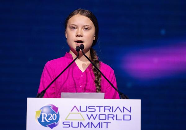 Swedish climate activist Greta Thunberg gives a speech during the opening ceremony of the R20 Regions of Climate Action Austrian World Summit in Vienna, Austria, on May 28, 2019. (Photo by GEORG HOCHMUTH / APA / AFP) / Austria OUT        (Photo credit should read GEORG HOCHMUTH/AFP/Getty Images)