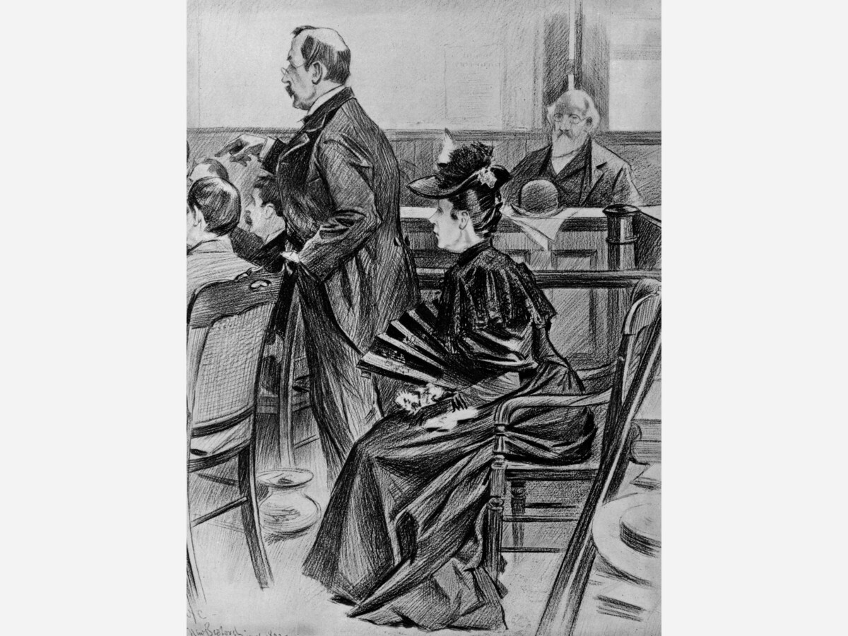 The Borden murder trial—A scene in the court-room before the acquittal - Lizzie Borden, the accused, and her counsel, Ex-Governor Robinson. Illustration in Frank Leslie's illustrated newspaper, v. 76 (1893 June 29), p. 411. Date 29 June 1893